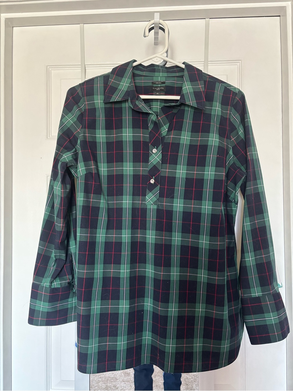 Talbots Navy and Green Plaid Button-Front Casual Shirt